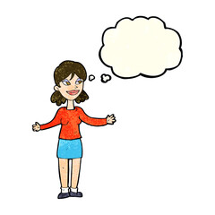 cartoon happy woman shrugging shoulders with thought bubble