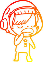 warm gradient line drawing of a cartoon astronaut woman yawning