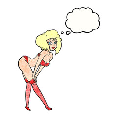 freehand drawn thought bubble textured cartoon pin up girl putting on stockings