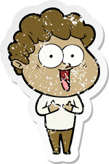 distressed sticker of a cartoon happy man