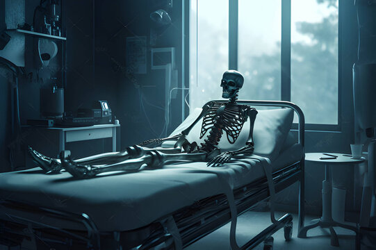 a skeleton in a hospital bed with a robot waiting for treatment, in the style of futuristic cyberpunk, human-canvas integration, cinestill 50d