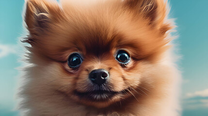pomeranian breed pomeranian puppy puppy with eyes & ears, in the style of light maroon and cyan, photo-realistic compositions