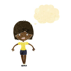 cartoon happy woman with thought bubble