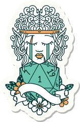 sticker of a sad elf barbarian character face with natural one D20 roll