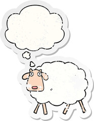 cartoon sheep with thought bubble as a distressed worn sticker