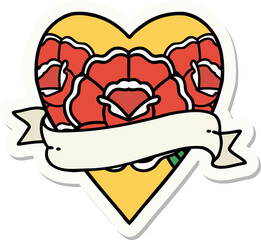 sticker of tattoo in traditional style of a heart and banner with flowers