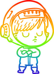 rainbow gradient line drawing of a cartoon astronaut woman