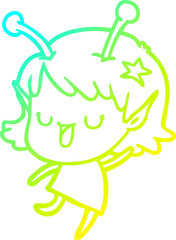 cold gradient line drawing of a happy alien girl cartoon laughing