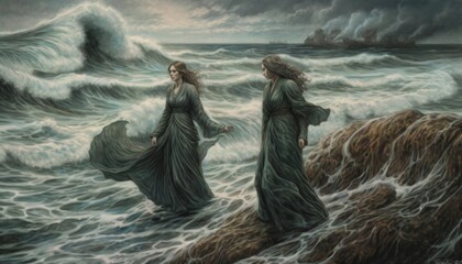Women walking on water or sea. Generative Ai