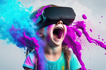 Excited child or kid wearing VR headset with a big smile on face, enjoying a virtual reality experience that sparks wonder and joy. Generative AI