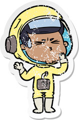 distressed sticker of a cartoon stressed astronaut