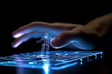 hand, touching, digital device, hologram, technology, futuristic, interaction, virtual, augmented reality, innovation, communication, modern