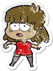 distressed sticker of a cartoon tired woman