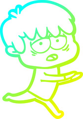 cold gradient line drawing of a cartoon exhausted boy