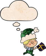 cartoon happy christmas elf with thought bubble in grunge texture style