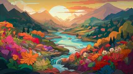 Background river valley. A serene river valley unfolds against an abstract background, beautifully complemented by an intricate banner design. Generative AI.