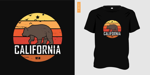 Summer California graphic t-shirt design with bear icon, beach illustration, typography, print, tee, vector illustration.