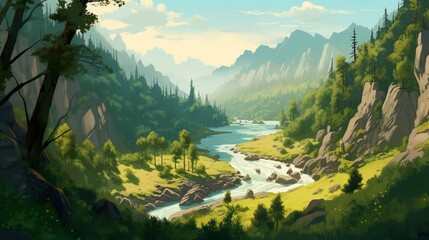 Background river valley. The attractiveness of the river valley presented in the illustration is accompanied by an abstract background and an intricate banner design. Generative AI.
