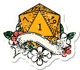 grunge sticker of a natural one d20 dice roll