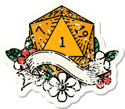 grunge sticker of a natural one d20 dice roll