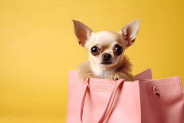 small breed chihuahua holding two shopping bags, in the style of minimalist backgrounds