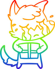 rainbow gradient line drawing of a crying fox cartoon with parcel