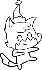 hand drawn line drawing of a friendly fox wearing santa hat