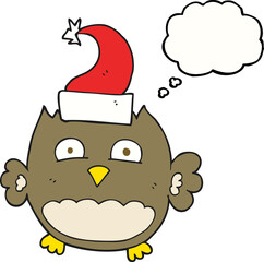 freehand drawn thought bubble cartoon owl wearing christmas hat