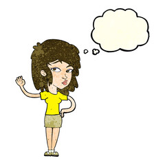 cartoon pretty woman waving with thought bubble