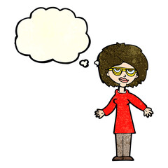 cartoon woman wearing glasses with thought bubble