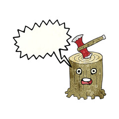 freehand speech bubble textured cartoon tree stump and axe