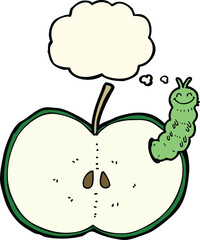 cartoon bug eating apple with thought bubble