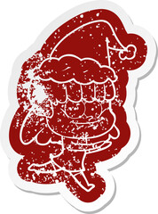 quirky cartoon distressed sticker of a smiling woman wearing santa hat