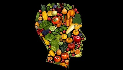 Human head figure made up of fresh fruit and vegatables