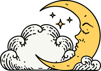 tattoo in traditional style of a crescent moon and clouds