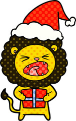 hand drawn comic book style illustration of a lion with christmas present wearing santa hat