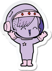 sticker of a cartoon laughing astronaut girl