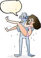 cartoon swamp monster carrying woman in bikini with speech bubble