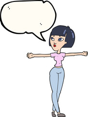 freehand drawn speech bubble cartoon woman spreading arms