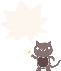 cartoon cat scratching with speech bubble in retro style