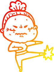 warm gradient line drawing of a cartoon annoyed old lady
