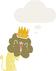 cartoon lion with crown with thought bubble in retro style