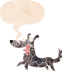 happy dog cartoon with speech bubble in grunge distressed retro textured style