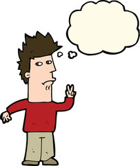 cartoon man giving peace sign with thought bubble