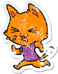 distressed sticker of a cartoon running cat hissing