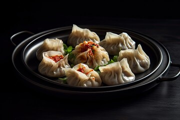 delicious nepali momo dumplings on a plate, black background, illustration, generative ai