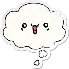 happy cartoon face with thought bubble as a distressed worn sticker