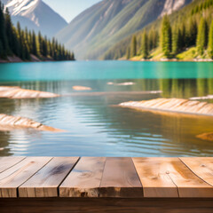 Selective focus, Wood table top on soft focus lake and mountain background. For montage product display. generative ai. - 608328631