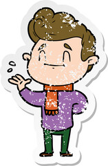 distressed sticker of a happy cartoon man