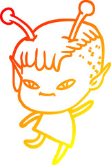warm gradient line drawing of a cute cartoon alien girl
